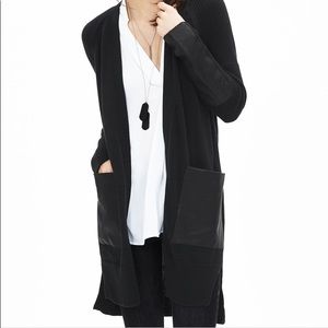 Banana Republic Black Open-Front Long Cardigan with Faux Leather Pockets